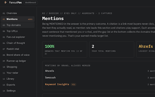 FanoutFox: AI Answer & GEO Inspector :: See how ChatGPT and Perplexity pick and cite sources: fan-out, citations, brand mentions, trust notes. Reads only your own session.