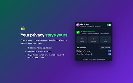 LinkDetect — Private Phishing & Link Scanner :: Understand suspicious links before you click. Free on-device checks, clear explanations, no accounts, no tracking.