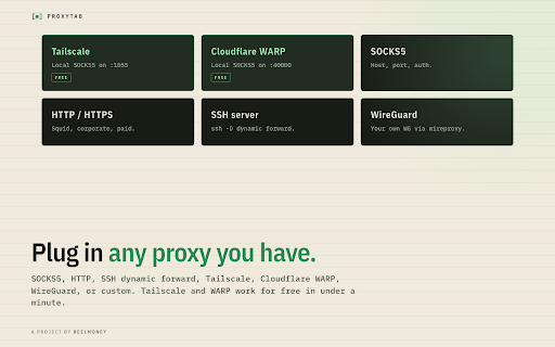 ProxyTab — Proxy Manager & Switcher :: Proxy manager and switcher for Chrome. Pick a proxy per site, with bypass. SOCKS5, HTTP, Tailscale, WireGuard.