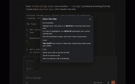 Smart Tabs for Claude :: Adds smart navigation tabs to Claude.ai conversations.
