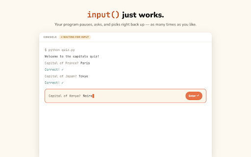 Python Shell — Run & Learn Python: Compiler & IDE :: Python compiler, IDE and interpreter in your browser. Learn Python by running it — offline, with numpy, pandas and turtle.