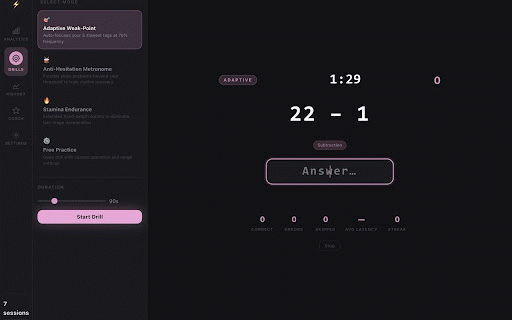 ZetaCoach :: Track every drill on arithmetic.zetamac.com. Identify weak fact families. Climb 12 ranked tiers.