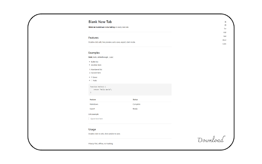 Blank New Tab :: Minimal markdown note-taking on every new tab. Write, preview, export. Blazing fast, distraction-free.