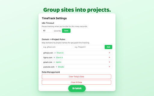 TimeTrack — Website Time Tracker & Screen Time Productivity :: See where your time goes. TimeTrack automatically logs active time by website, with charts, projects, and CSV export.