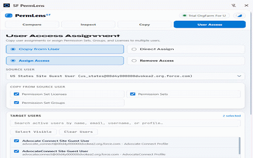 SF PermLens :: Compare, inspect, copy, and manage Salesforce permissions from a Chrome side panel.