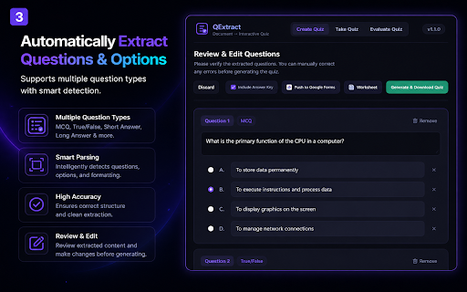 QExtract – PDF, DOCX to Quiz Generator :: Convert PDF, DOCX, and TXT question papers into interactive quizzes. Extract multiple question types and generate tests offline.