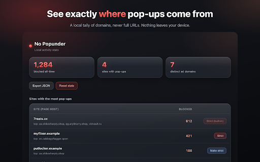 No Popunder :: Blocks popunder ad tabs on any site without breaking logins or video. No servers, no tracking, nothing leaves your device.