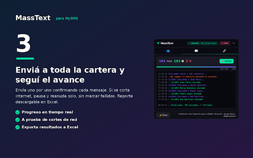 MassText :: Envío masivo de SMS desde MySMS. Cargá contactos desde CSV y enviá en masa. By: Jorge Baez