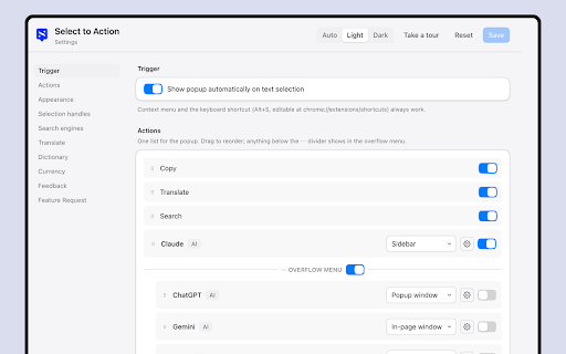 Select to Action :: Select text on any page to Search, Copy, Translate, Define, Convert currency, or send it to AI (ChatGPT, Claude, Gemini, Grok).