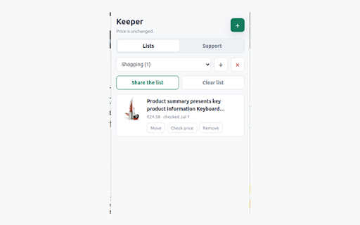 Keeper :: Save products in one click, organize lists, and copy a clean shareable text.