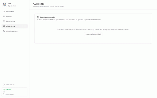 CEJ - Consulta de Expedientes (Poder Judicial) :: Consulta individual y masiva de expedientes en el CEJ (cej.pj.gob.pe) reutilizando tu propia sesión e IP. Interfaz rediseñada.