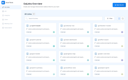 KoreTools :: GoLinks shortlinks, auto-launcher for Google Meet, Zoom & Teams, and meeting cost calculator.