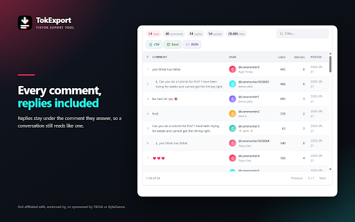 TokExport - TikTok Follower List, Following & Comment Export Tool :: TikTok comment export, follower list and following list to CSV, Excel or JSON. Long exports resume where TikTok stopped.