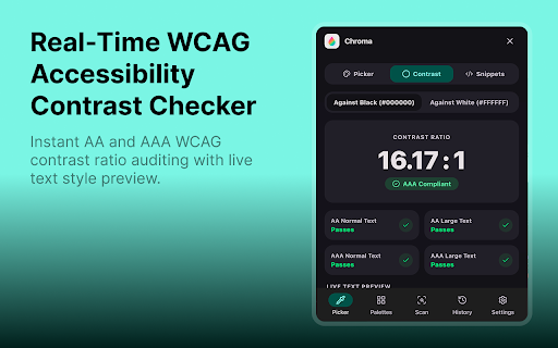 Chroma - Color Picker & Palette Studio :: Fast, beautiful web color picker & studio. Sample hex codes, build palettes, check WCAG contrast, and export CSS code.