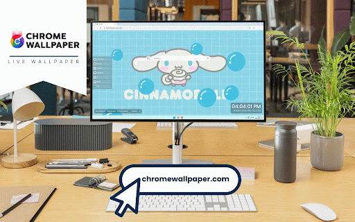 Cinnamoroll Pastel Live Wallpaper :: Adorable Cinnamoroll character floating among blue bubbles on soft pastel grid background.