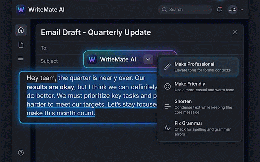 WriteMate AI :: Generate emails instantly with context-aware AI on Gmail and Outlook. Includes tone control, thread summary, and smart replies.