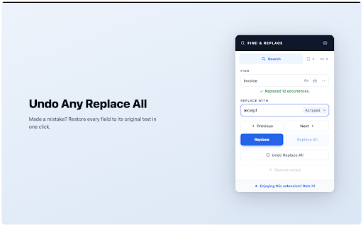 Find & Replace :: Find and replace text in any input, rich text editor, or JSON field on any page. Regex, match counter, history, and shortcuts.