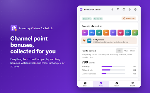 Inventory Claimer for Twitch :: Automatically claims Twitch Drops and channel point bonuses once you have earned them, with a dashboard for progress and points.