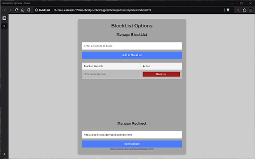 BlockList :: Curate a list of blocked websites with a custom redirect page.