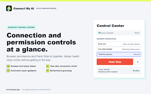 Connect My AI Bridge :: Connect local AI agents to your browser with selectable permissions, signed actions, Panic Stop, and an audit trail.