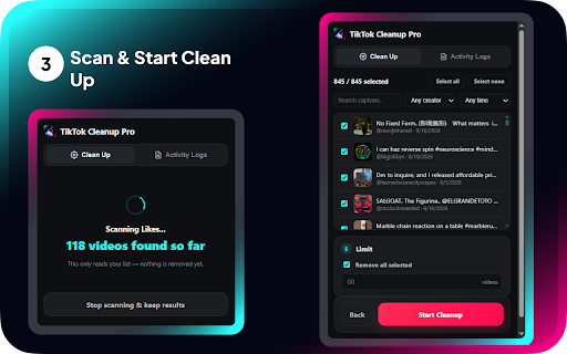 Ultimate TikTok Cleanup :: Bulk remove TikTok Favorites, Reposts, Likes & Posts. No password. 100% local in your browser.