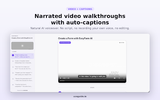 UseGuide Recorder :: Record your screen and let UseGuide AI turn it into a polished, narrated product tutorial.