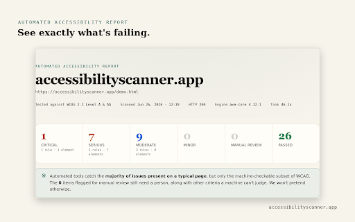 Accessibility Scanner — WCAG, ADA & Color Contrast Checker :: Test any page for WCAG issues: color contrast, alt text, form labels, headings. Outlined where they are. No login, no email.