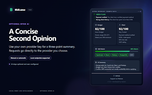 BidLume — Upwork Job Fit & Risk Analyzer :: Score Upwork jobs for risk, client quality, budget fit, and skill match. Optional BYOK AI.