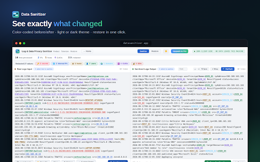 Data Sanitizer — Redact logs before AI :: Redact and tokenize IPs, hostnames, users, emails and secrets in logs before pasting into AI. 100% in your browser.