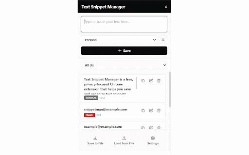 Text Snippet Manager :: Save and manage your favorite text snippets locally. Copy with one click. Organize with custom categories.