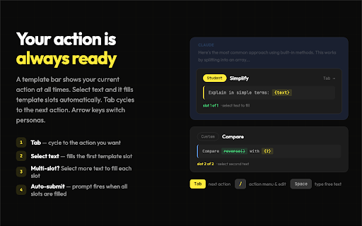 Claude Chat HUD — Keyboard Overlay for AI Chats :: Keyboard hints for ChatGPT, Claude, and Gemini. Drill into any AI response — block, sentence, or word — then copy or fire a prompt.
