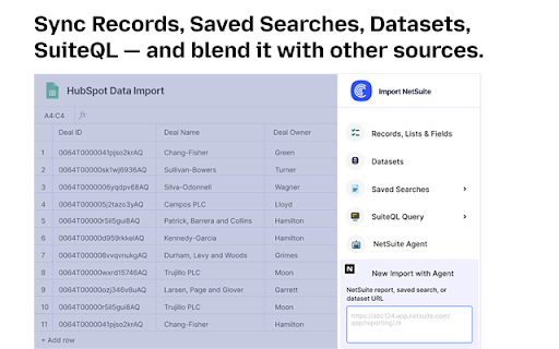 NetSuite Agent for Google Sheets & Excel by Coefficient :: A chrome extension to sync NetSuite Records, Saved Searches, Datasets & SuiteQL to Google Sheets or Excel — one click, auto-refresh.