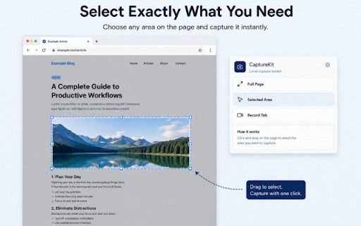 CaptureKit :: Capture full pages, selected areas, and short local tab recordings.