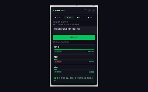 Naver Blog SEO Analyzer :: 네이버 블로그 글쓰기 시 키워드 검색량과 경쟁도를 실시간으로 확인하세요