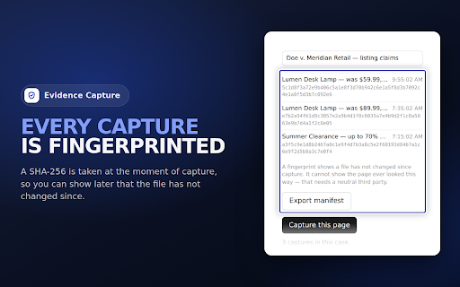 Evidence Capture — Webpage Archive & Proof :: 📸 Save any page as a hash-verified, timestamped archive — tamper-evident proof. 7-day free trial.