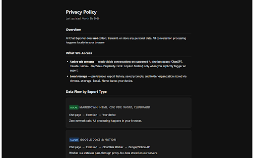 AI Chat Exporter :: Export AI conversations to Markdown, PDF, Word, Notion and more. Works with 8 major chatbots. Privacy-first, one-click export.