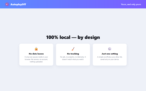 AutoplayOff — Stop Autoplay Videos :: Stops videos and audio from autoplaying. Per-site allow-list for sites where you want it. 100% local, no tracking.