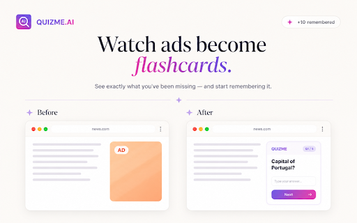 QuizMe — Remember anything you read. :: Turn anything you read into spaced-repetition flashcards. Review in ad slots as you browse the web.