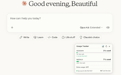 Usage Tracker for Claude.ai :: See your Claude.ai usage, limits & reset timers in a sleek overlay. Never switch tabs again. Not affiliated with Anthropic.