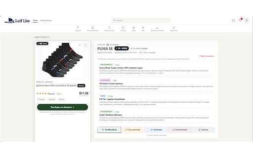 Leif List - Sustainability Scores :: See a brand's sustainability score while you shop on Amazon and partner brand sites. Click the Leif icon to check any product.