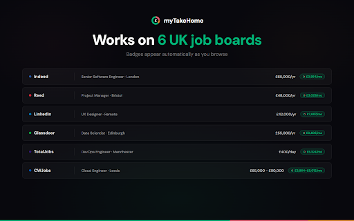 myTakeHome - UK Salary Calculator for Job Listings :: See your take-home pay instantly on UK job boards. Calculates net salary after tax, NI, student loans, and pension.