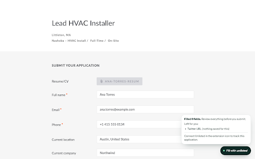 Unlisted Autofill :: Fill job applications on company careers sites with your saved details in one click. You review, you submit.