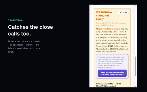 Tradeaikya — Prop Firm Rule Checker :: Check a trade against your prop firm's drawdown and risk rules before you place it — right next to your trading tab.