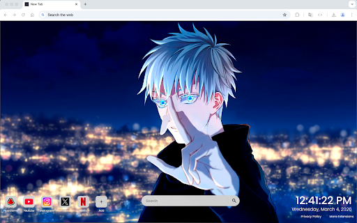 Satoru Gojo Iconic Stance Live Wallpaper :: Experience Satoru Gojo’s iconic stance and limitless power in this striking anime live wallpaper for your Chrome new tab.