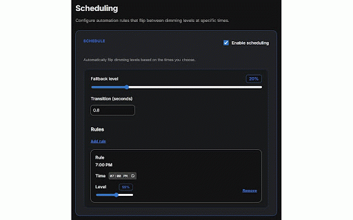 Dimly — Screen dimmer for bright pages :: Dim any site with a global slider or per-site levels. Quick lock, scheduling, smooth fade.