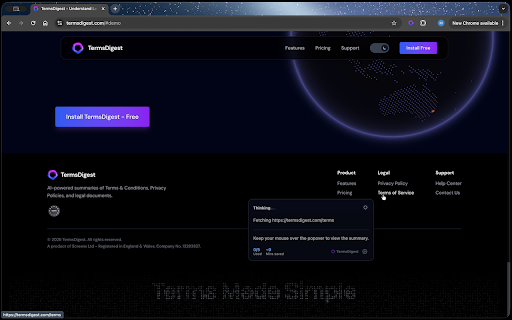 TermsDigest :: Understand Terms & Conditions instantly. Hover over legal links to get AI summaries highlighting costs, cancellation, and red flags.