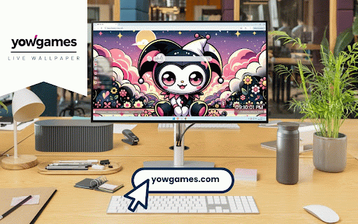 Kuromi Jester Live Wallpaper :: Kuromi in black and white jester outfit against dreamy sunset with pink clouds and flowers.