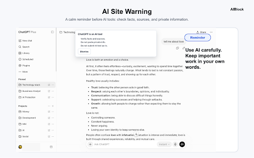 AIBlock: Hide AI Overviews & Pause AI :: Hide Google AI Overviews, clean up selected Workspace AI entry points, and pause before common AI tools. Free, local, no account.