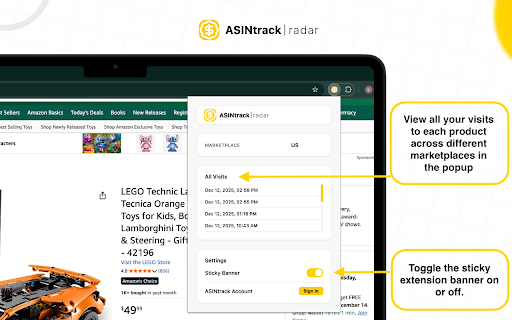ASINtrack Radar - Amazon Product Visit History Tracker :: See instantly if you’ve visited an ASIN before and stop re-analyzing the same products. Track visits, add notes and source faster.