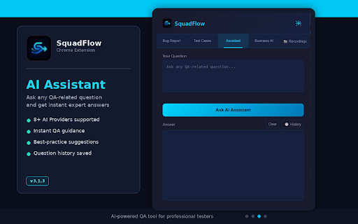SquadFlow :: SquadFlow — Manual QA Companion. AI-powered Test Cases, Bug Reports & Smart Suggestions with 8+ AI providers. Jira integrated.
